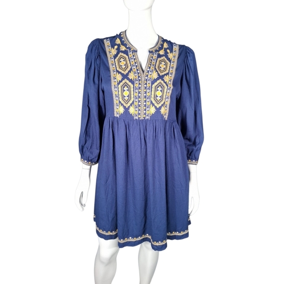 Solitaire Embroidered Tunic Dress Womens Blue Floral BOHO 3/4 Sleeve Size Large - Picture 1 of 11